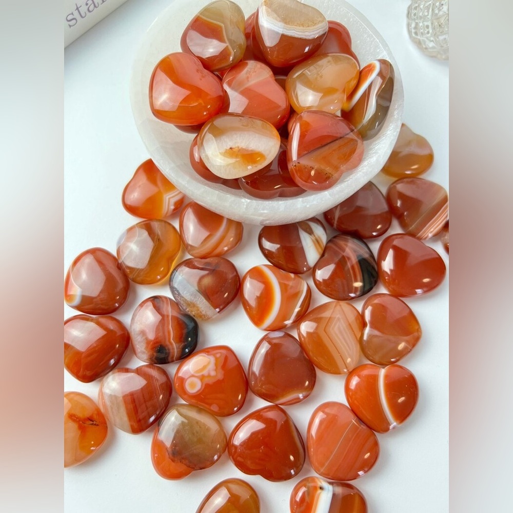 Two Carnelian Heart Mini Carving Banded Red Crystal Stone Passion Meditation